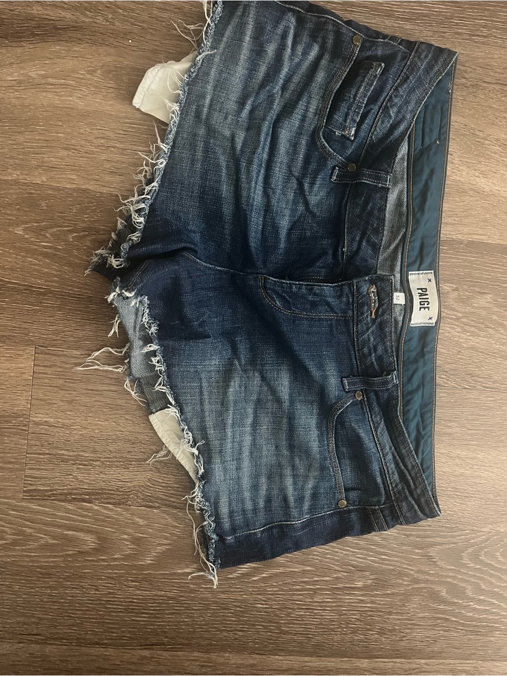 PAIGE Dark Wash Frayed Hem Denim Shorts